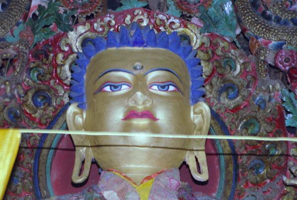4227.jpg - Tibet, Lhasa, Seramonastery?, punkboudha 
The historical Buddha. The blue hair on the Buddha and the third eye in the center of the forehead signifies that he has reached enlightenment. 
